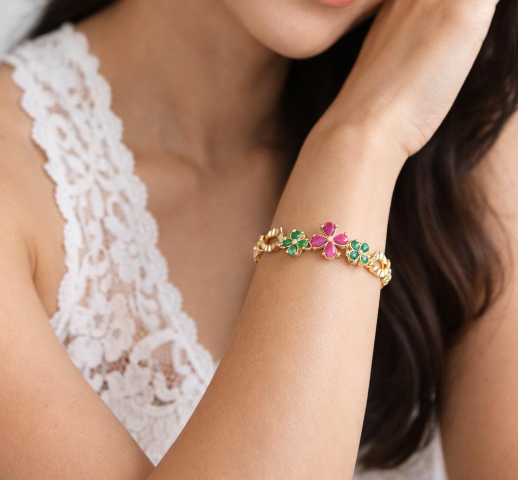 Dual-Tone Floral Stone Gold Bracelet