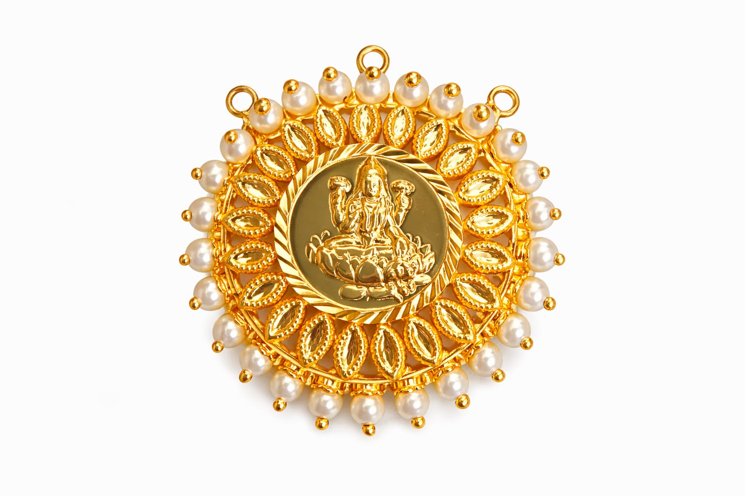 Antique Lakshmi Gold Pendant with Leaf Motif & Pearl Border
