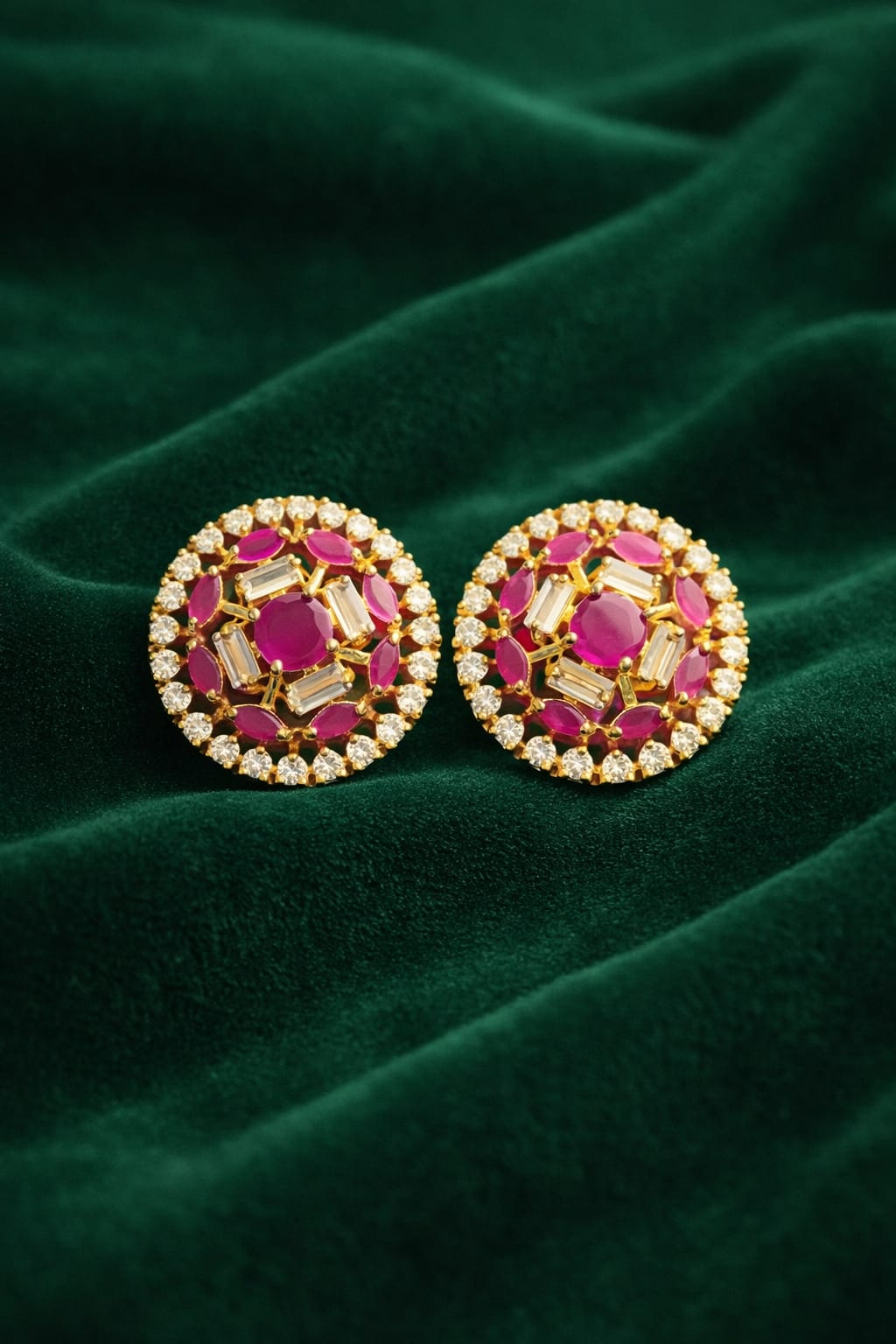 Ruby Crystal Halo Gold Earrings