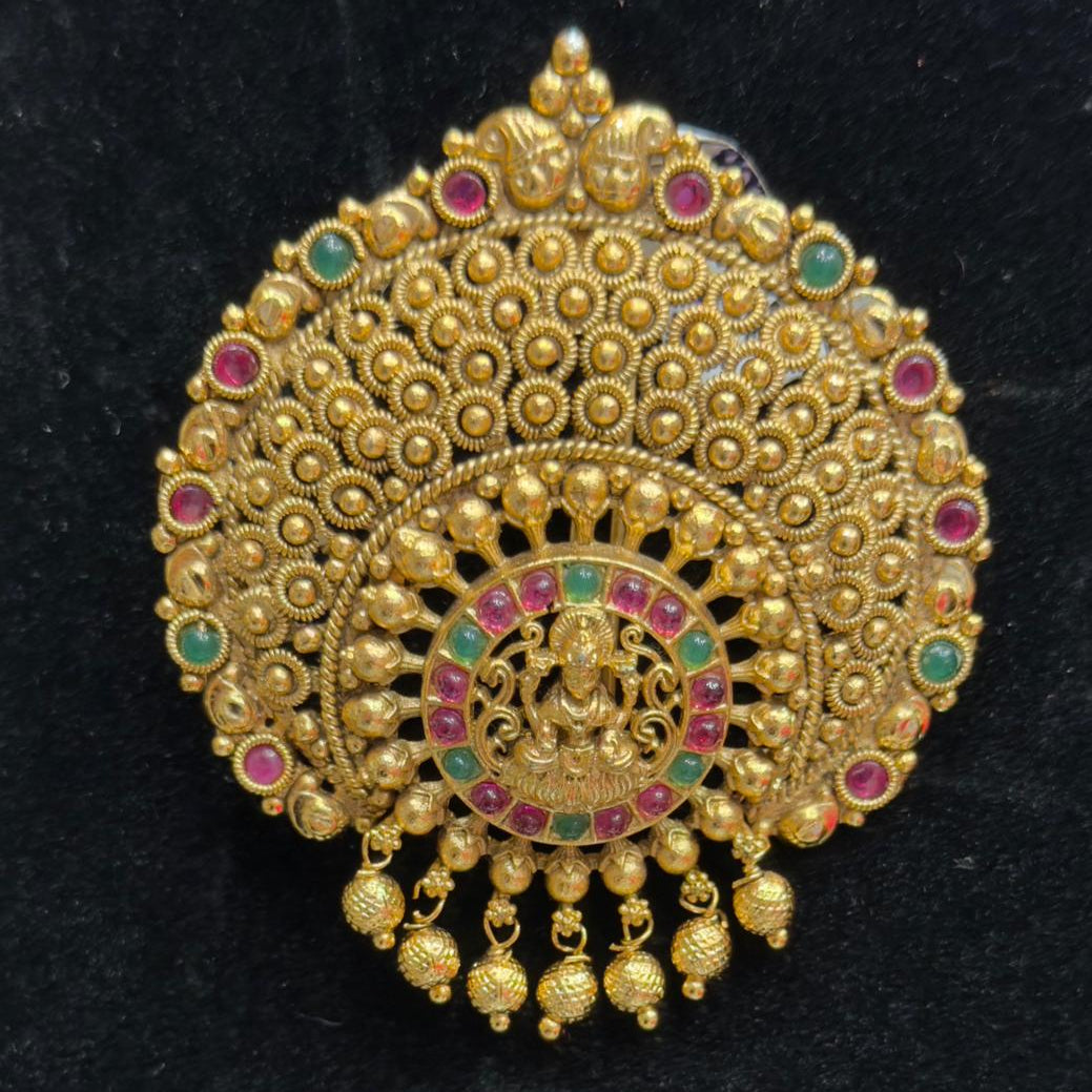 Temple Jewellery sunburst design centered around a detailed Goddess Lakshmi Hair Brooch