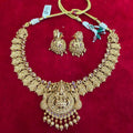 Traditional gold-tone temple jewellery set with a Lakshmi pendant