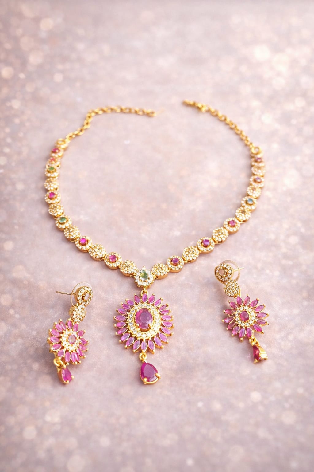 Pink Floral Designer Necklace Set