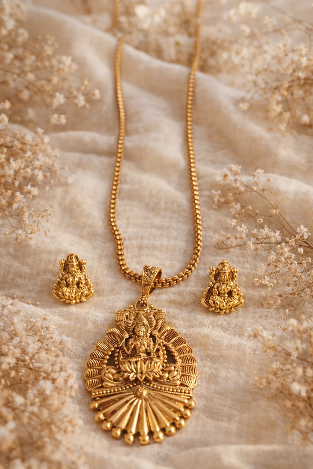 Lakshmi Temple Gold Pendant Necklace Set