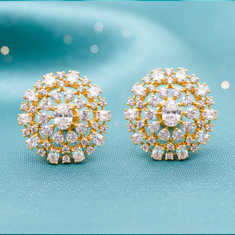 Elegant gold stud earrings with layered white stones