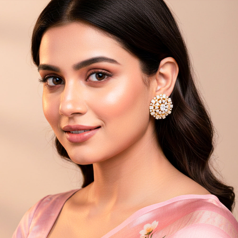 Elegant gold stud earrings with layered white stones