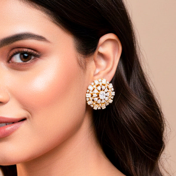 Elegant gold stud earrings with layered white stones