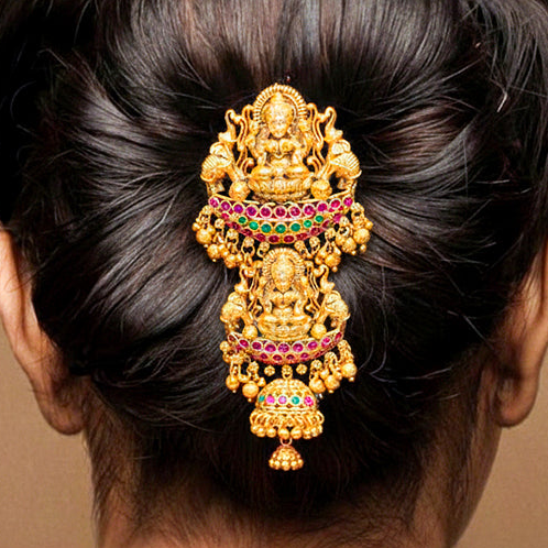 Traditional Temple Jewellery features an intricate tiered design showcasing the auspicious Goddess Lakshmi