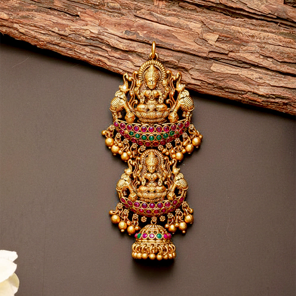 Traditional Temple Jewellery features an intricate tiered design showcasing the auspicious Goddess Lakshmi