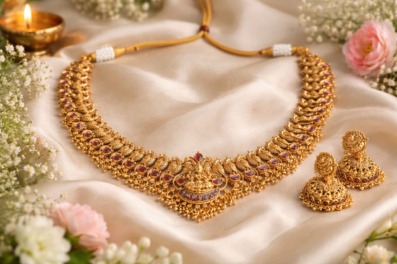 Royal Ruby Bridal Temple Necklace Set