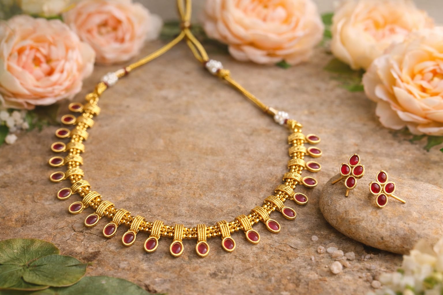 Ruby Oval Drop Temple Necklace Set