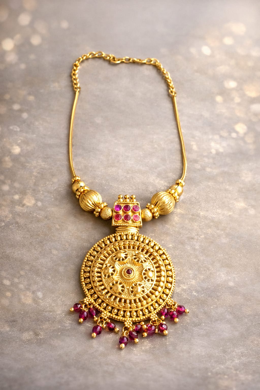 Antique Ruby Circle Pendant Necklace