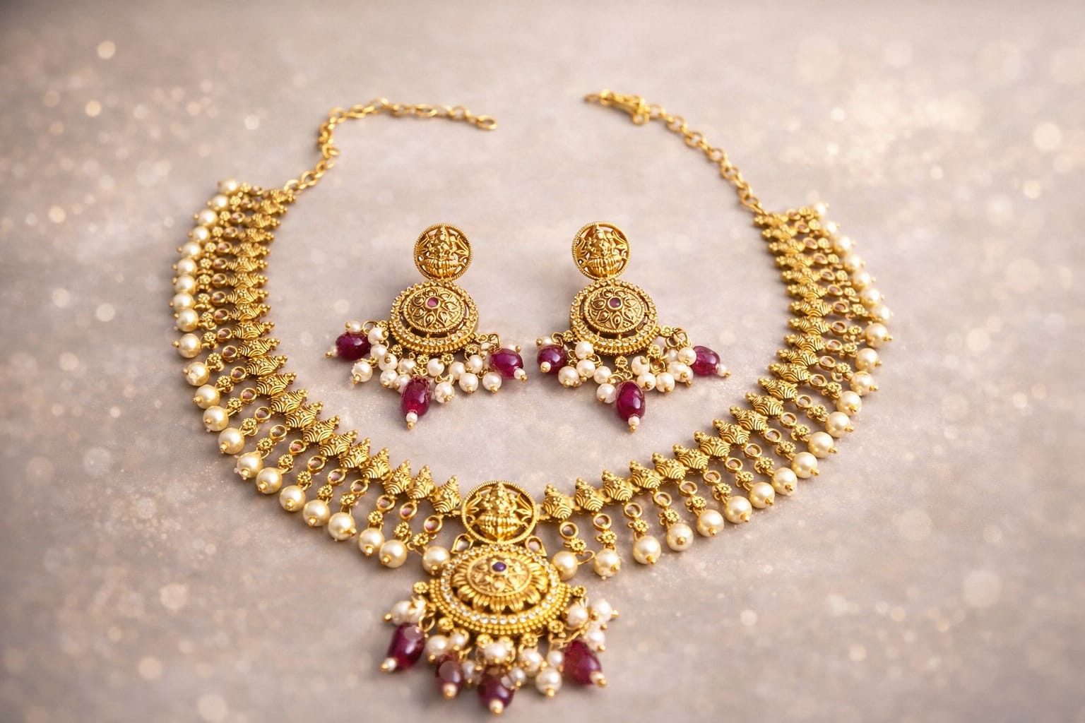 Antique Coin Pearl Temple Necklace Set