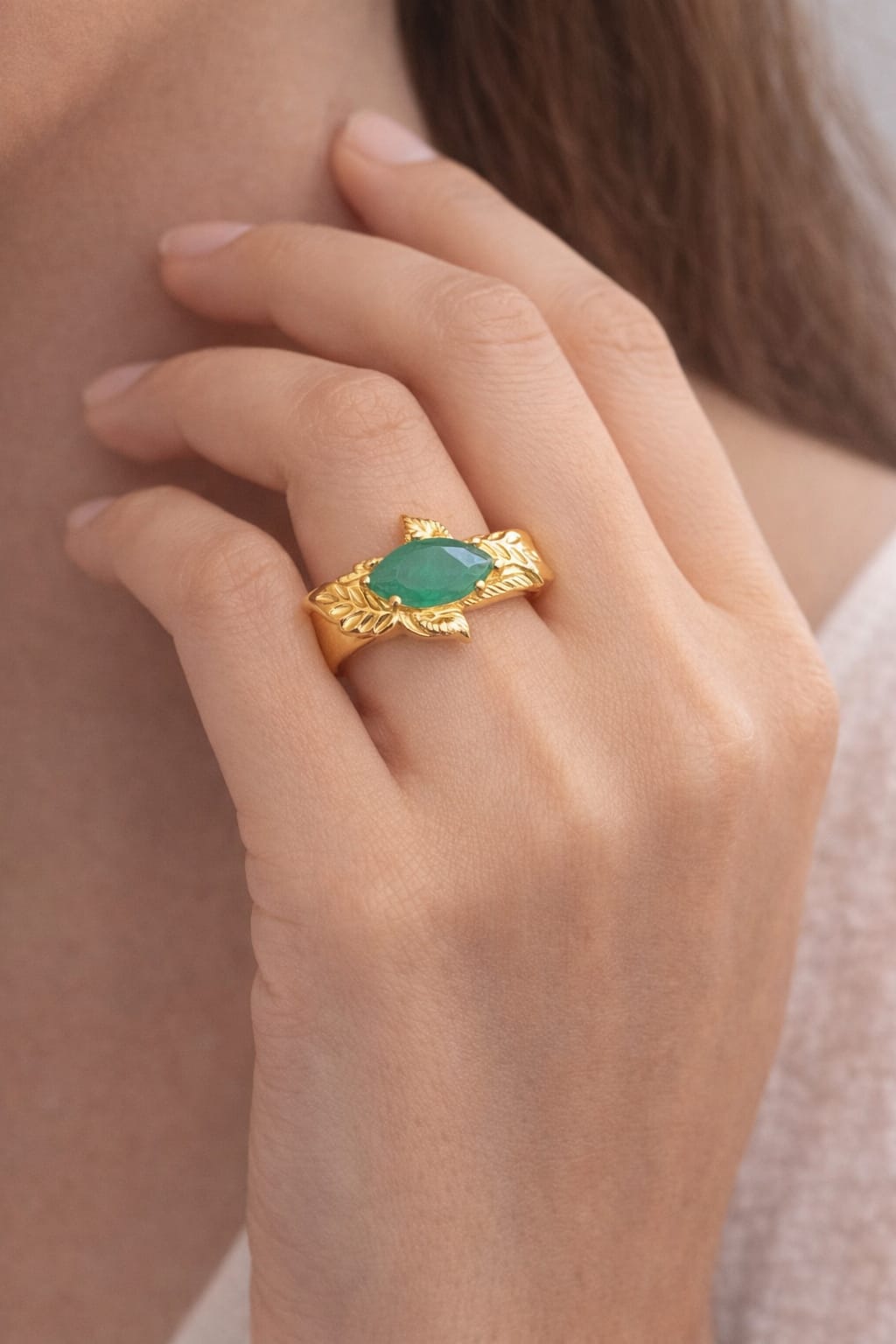 Emerald Leaf Antique Gold Ring