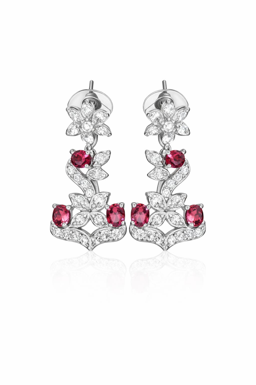 Floral Ruby Stone Silver Drop Earrings