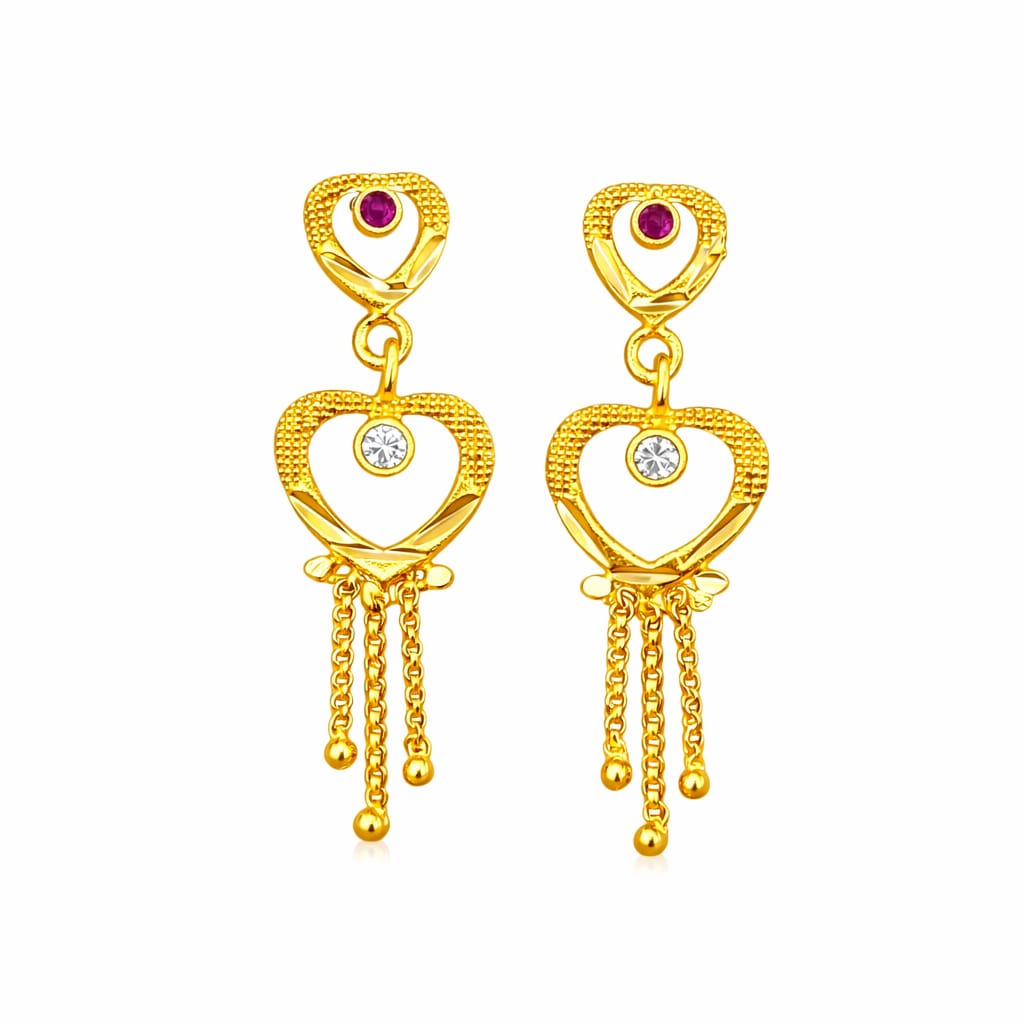 Golden Heart Chain Drop Earrings with Stone Accents