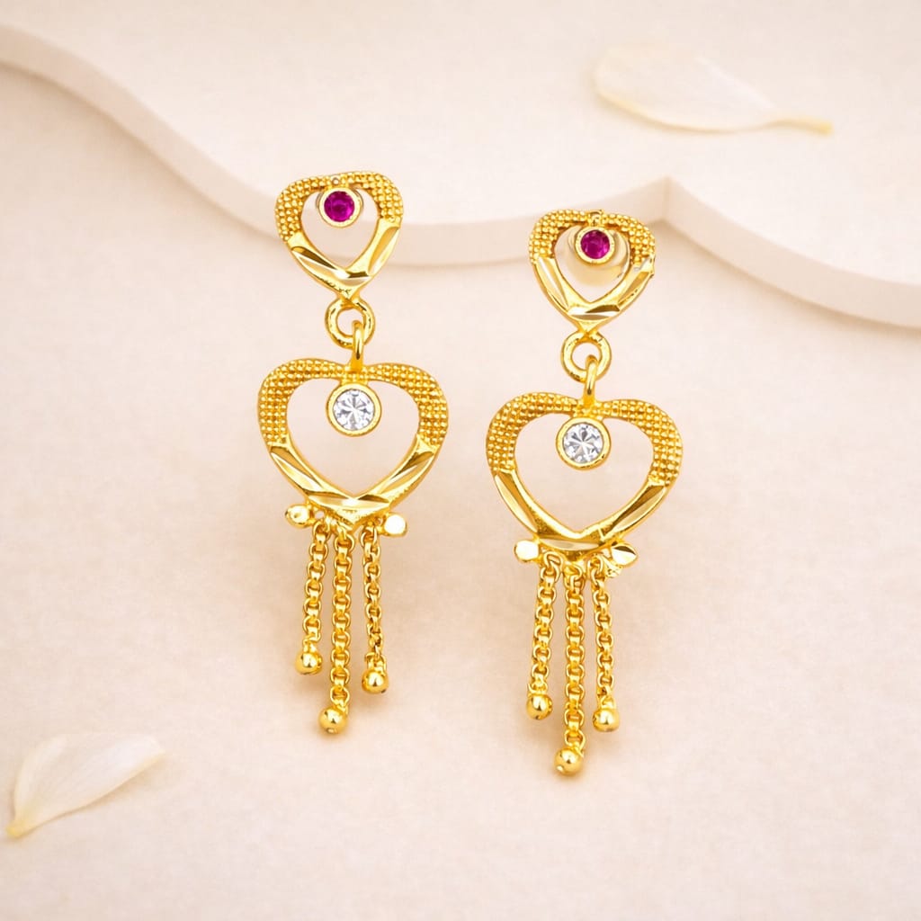 Golden Heart Chain Drop Earrings with Stone Accents