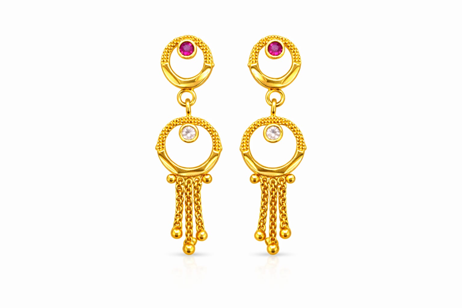 Gold Circular Dual Stone Tassel Dangler Earrings