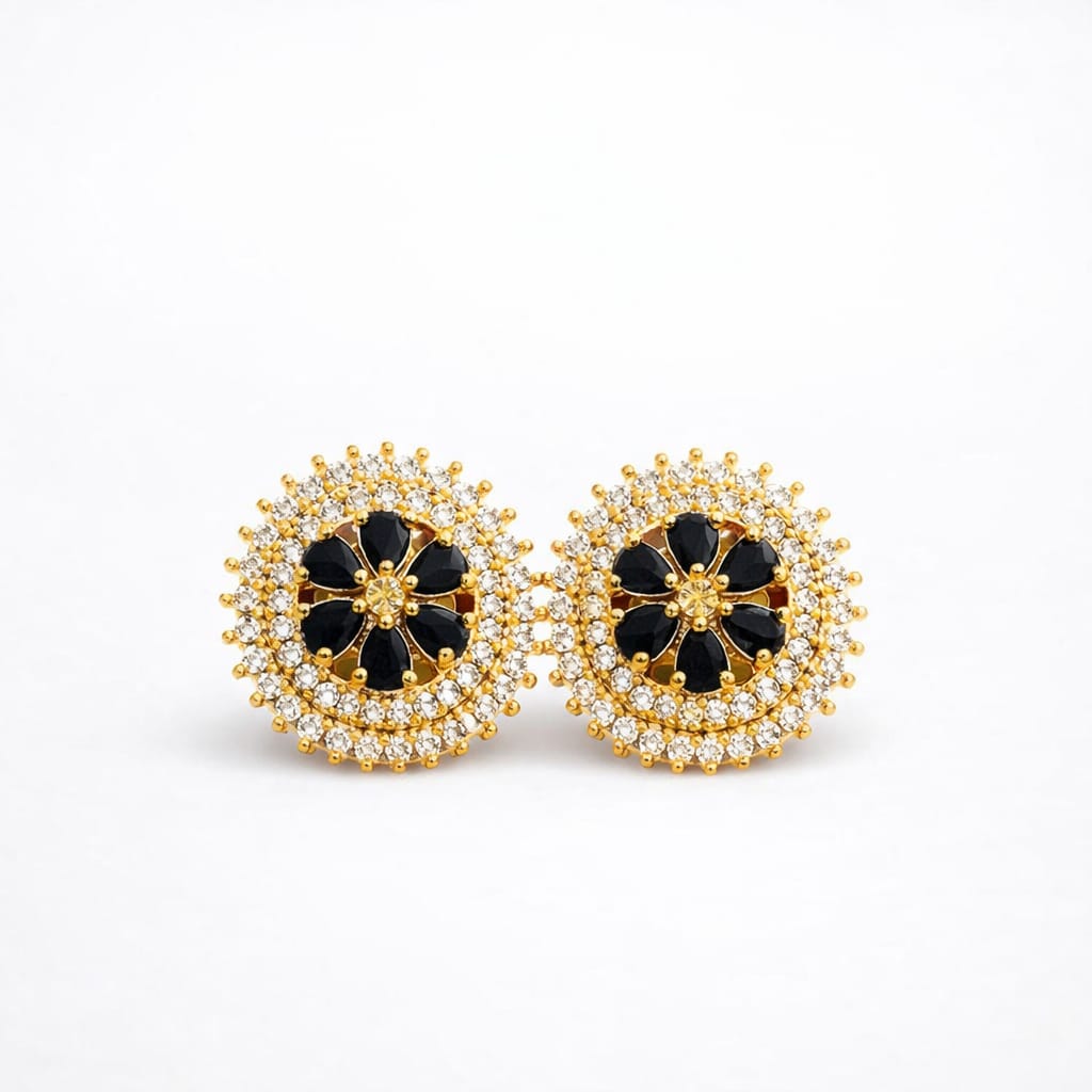Black Crystal Halo Gold Stud Earrings