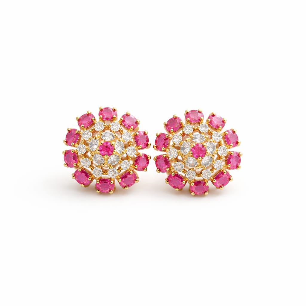 Ruby Cluster Sparkle Gold Earrings