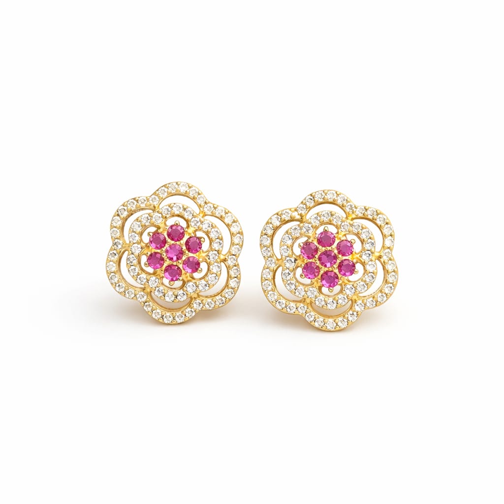 Ruby Bloom Halo Gold Stud Earrings