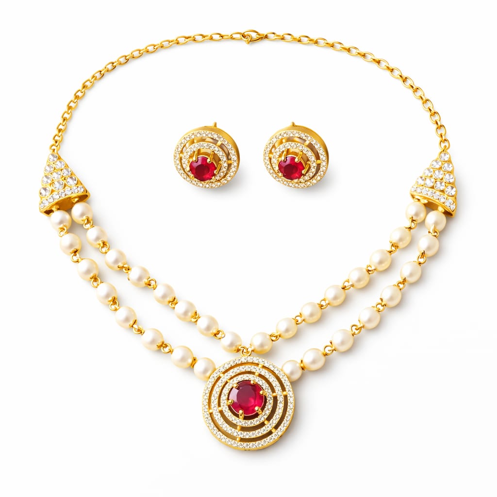 Pearl & Ruby Circular Pendant Necklace Set