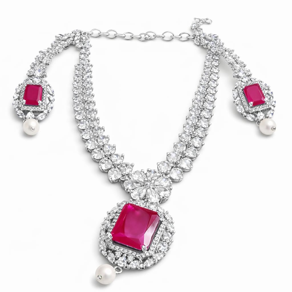 Ruby Square Pendant Silver Necklace
