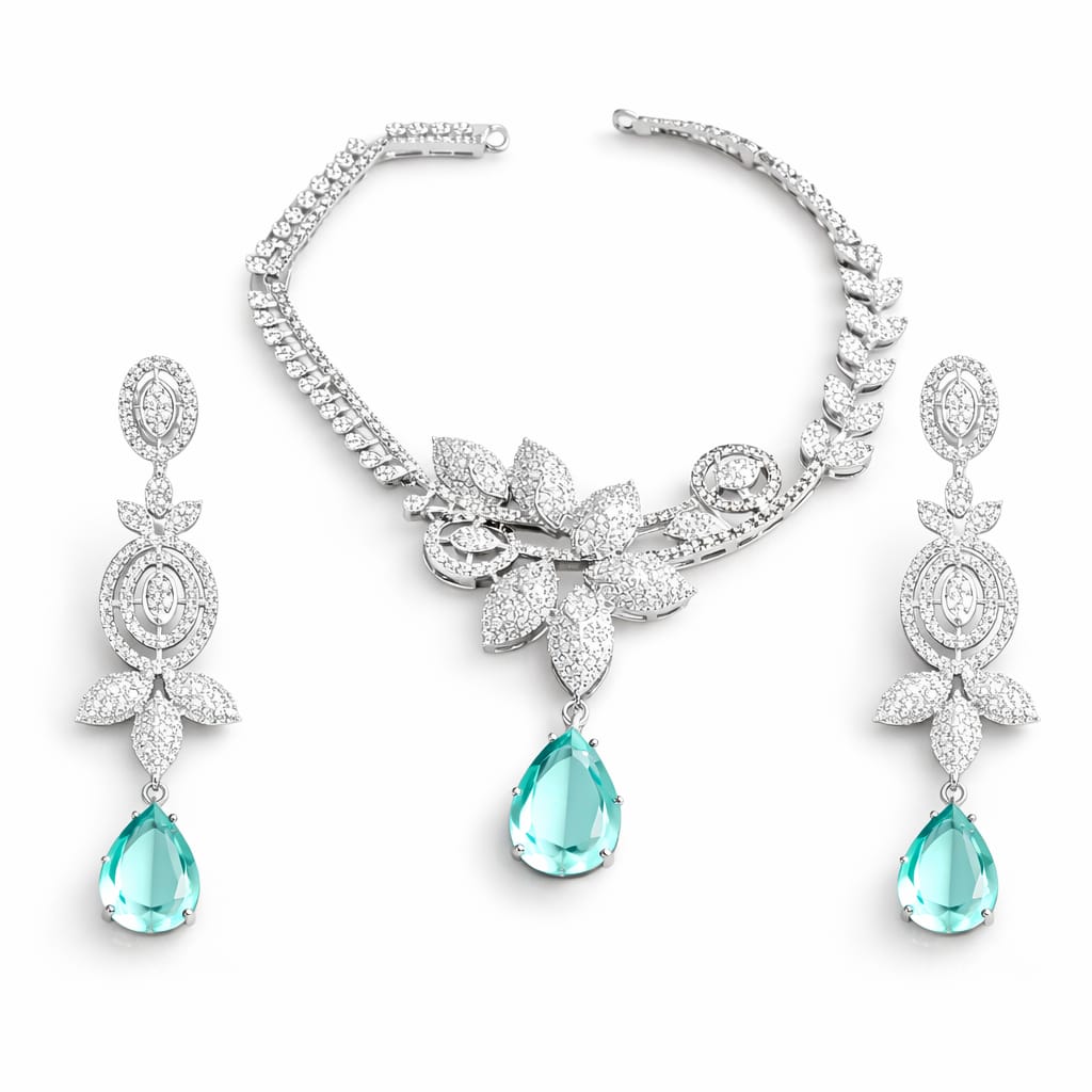 Silver CZ Aqua Drop Necklace Set