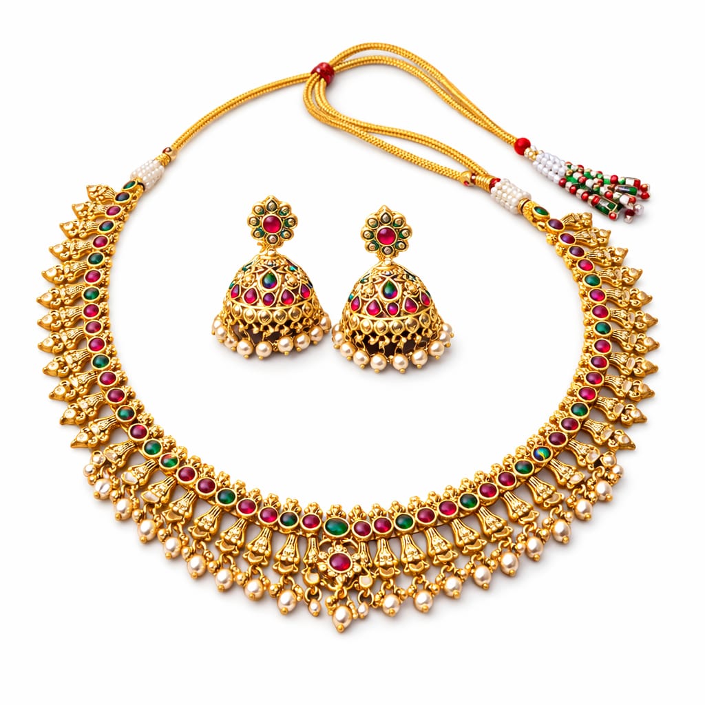 Pearl Drop Multicolor Temple Necklace Set
