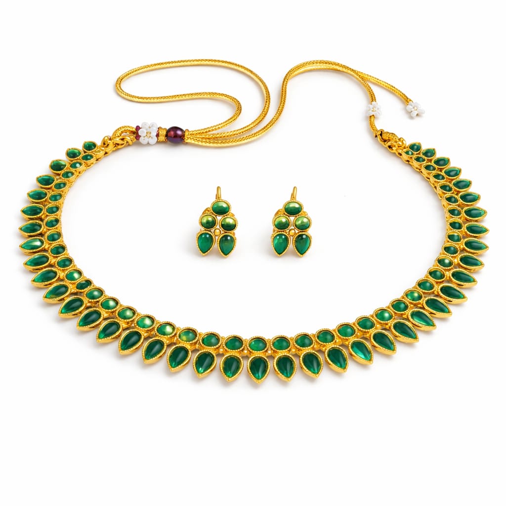 Emerald Leaf Design Gold Necklace Set