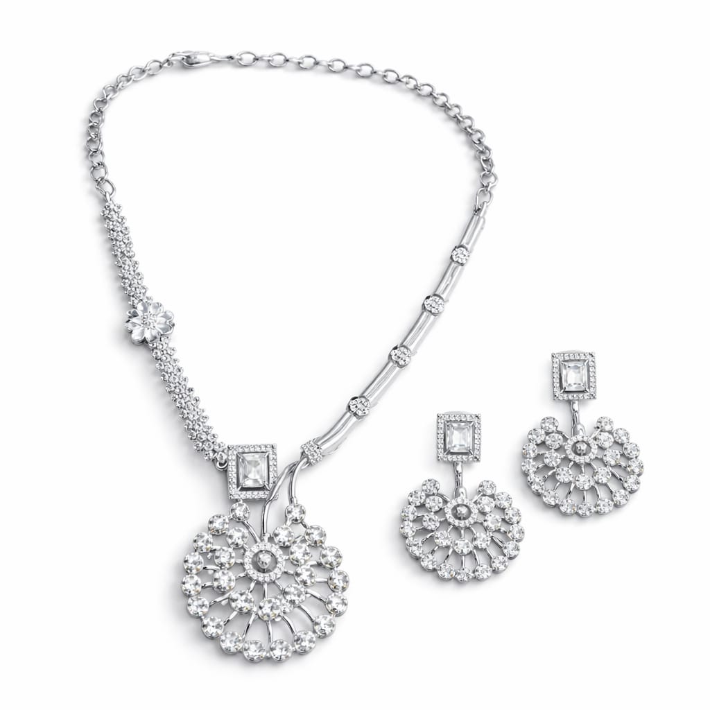 Floral Silver CZ Necklace Set