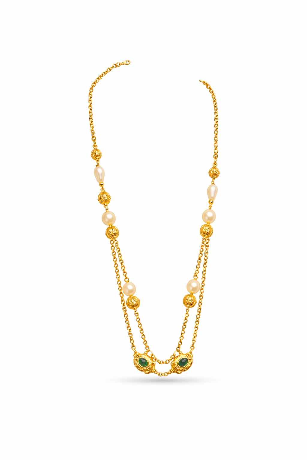Elegant Pearl & Green Stone Gold Layered Haram