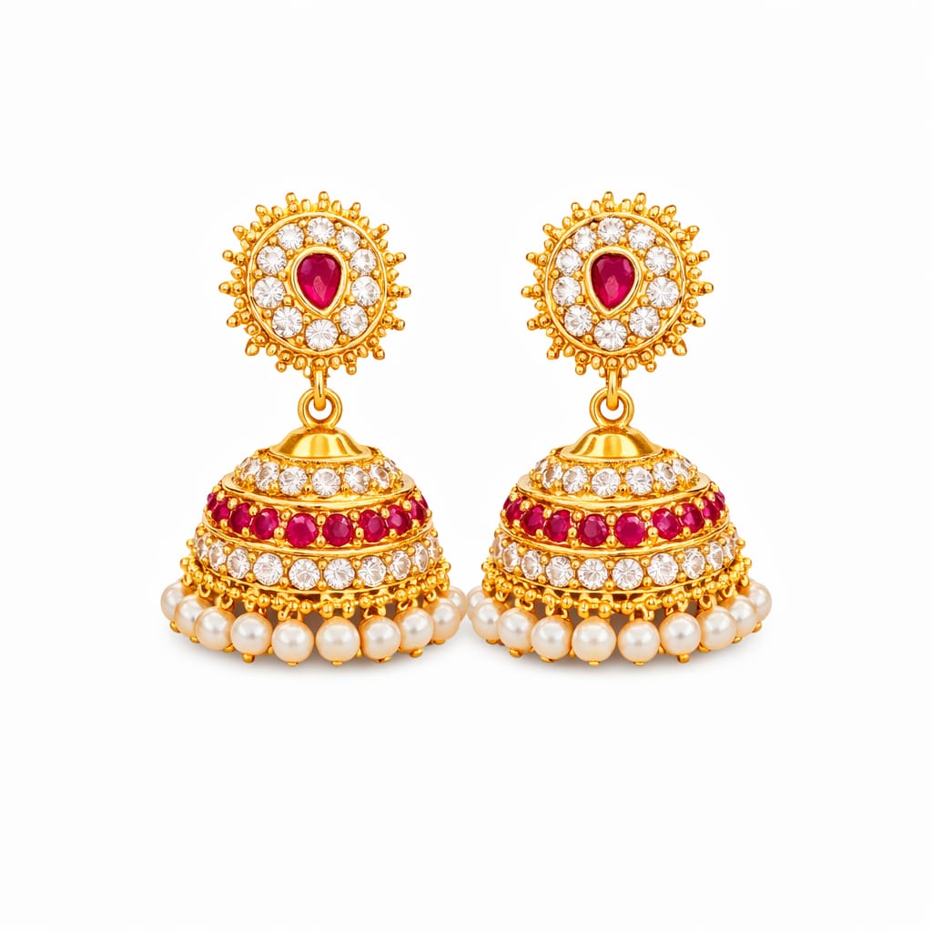 Ruby Halo Classic Gold Jhumka Earrings
