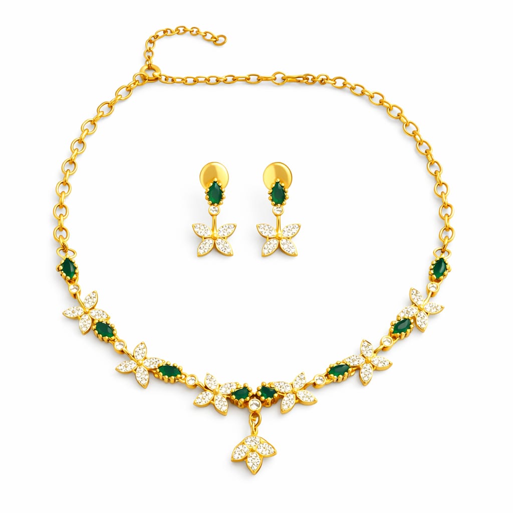 Floral Green & White Stone Necklace Set