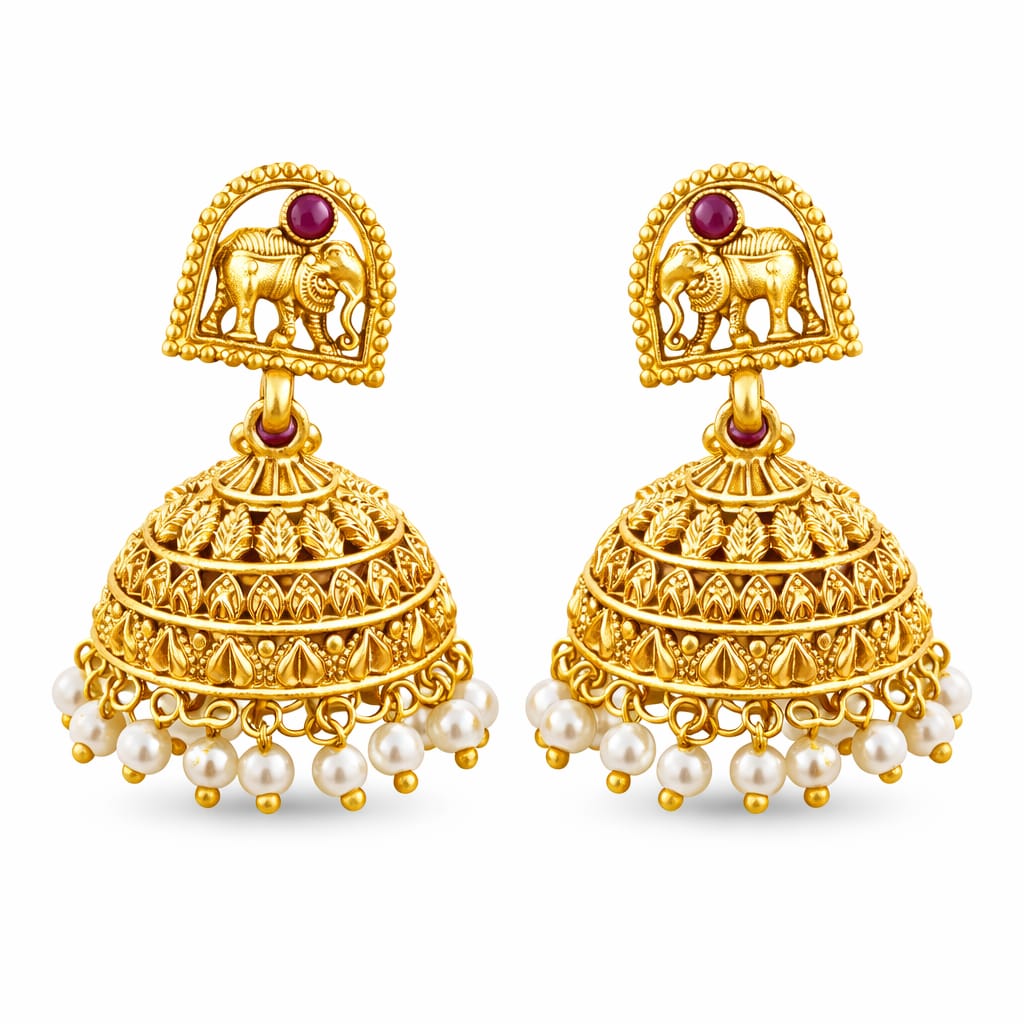 Temple Elephant Heritage Gold Jhumka Earrings