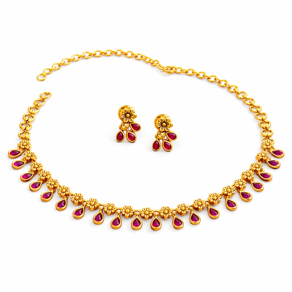 Ruby Floral Delicate Gold Necklace Set