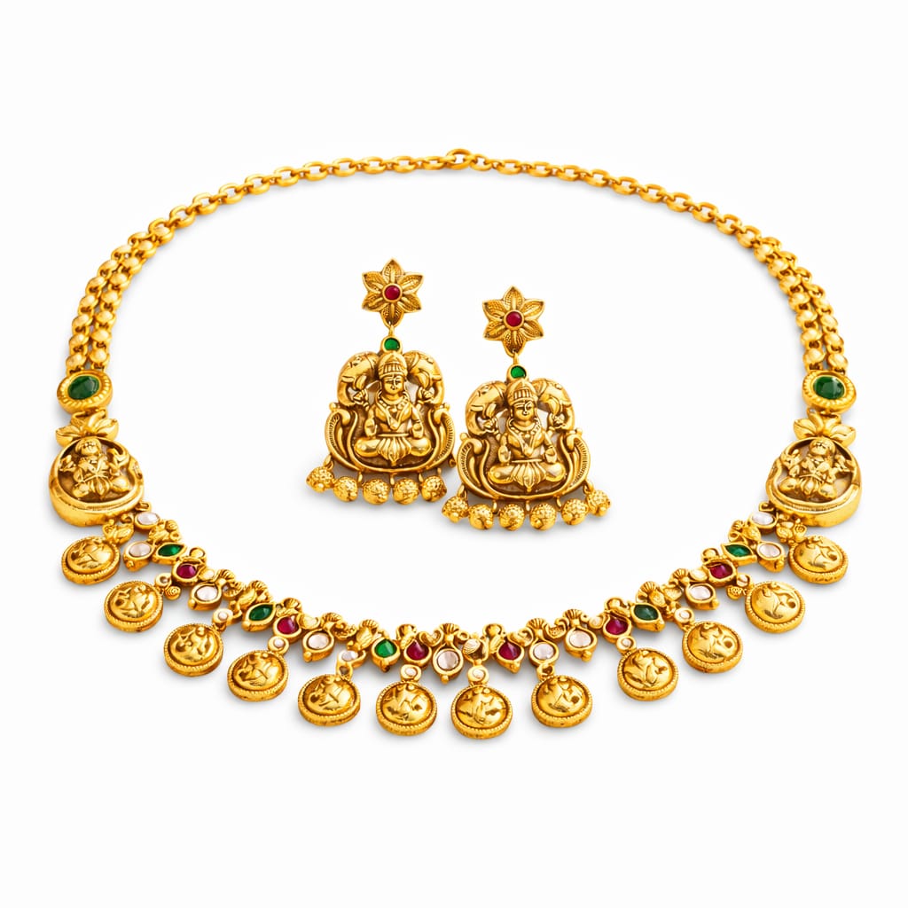 Gemstone Floral Heritage Gold Necklace Set