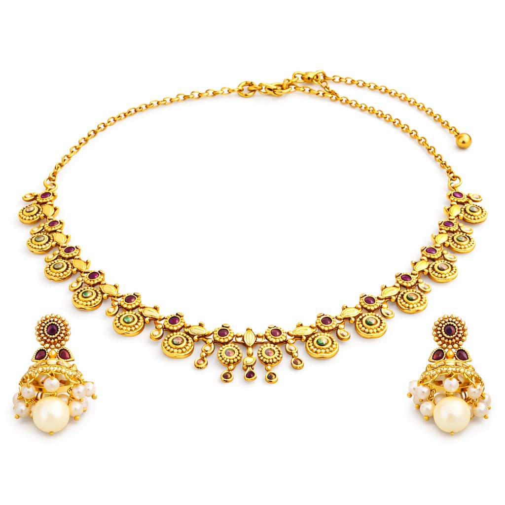 Traditional Pearl Drop Gold Necklace Set
