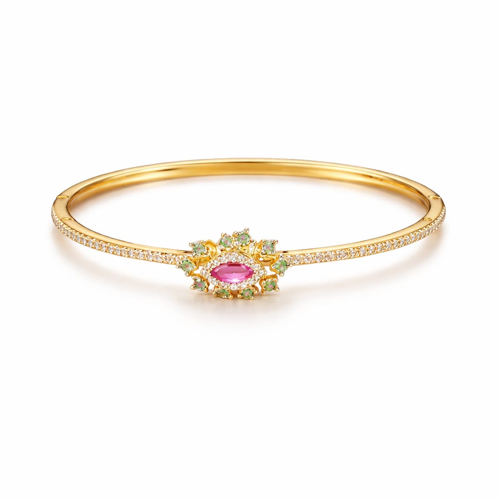 Floral Halo Ruby & Emerald Zircon Gold Kada