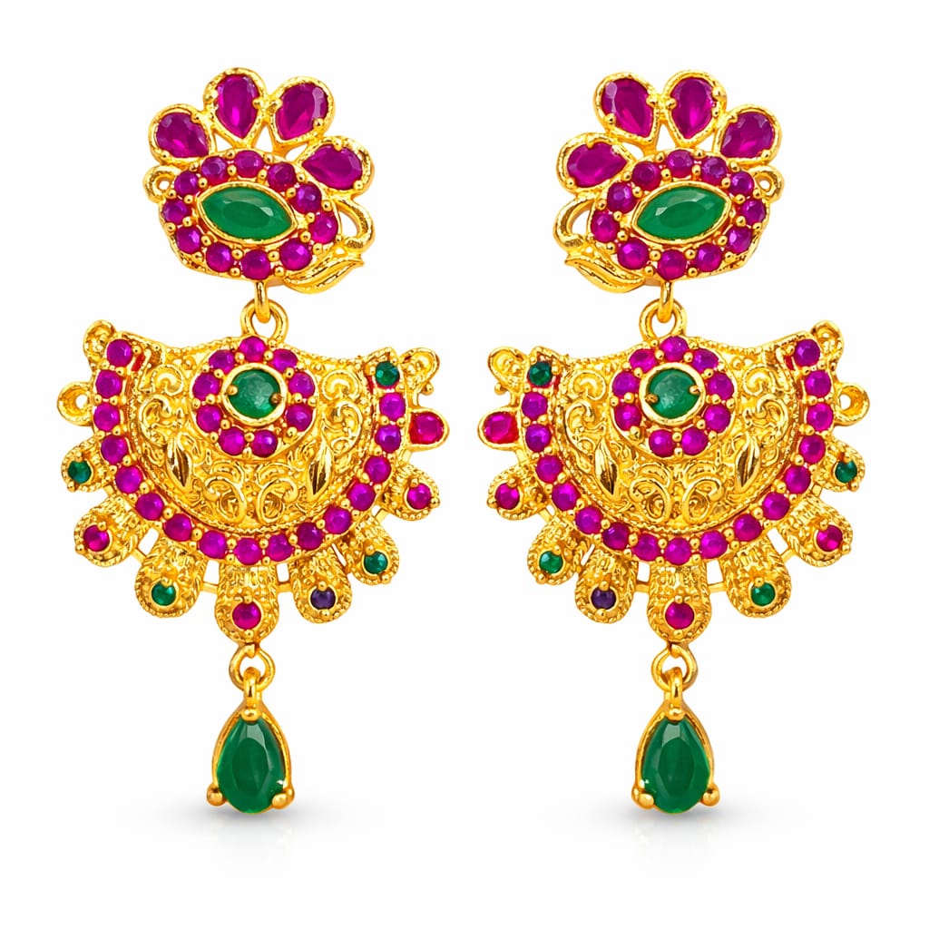 Floral Ruby Emerald Chand Temple Earrings