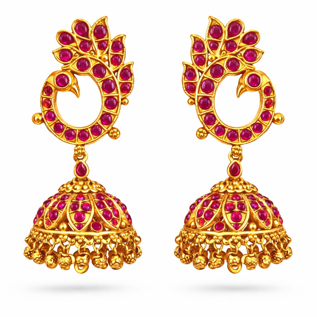 Peacock Ruby Temple Jhumka Earrings
