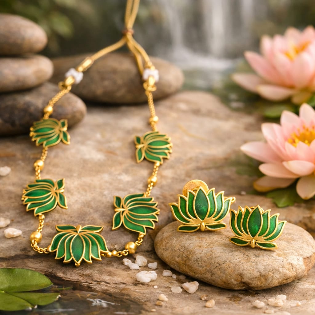 Emerald Lotus Motif Necklace Set