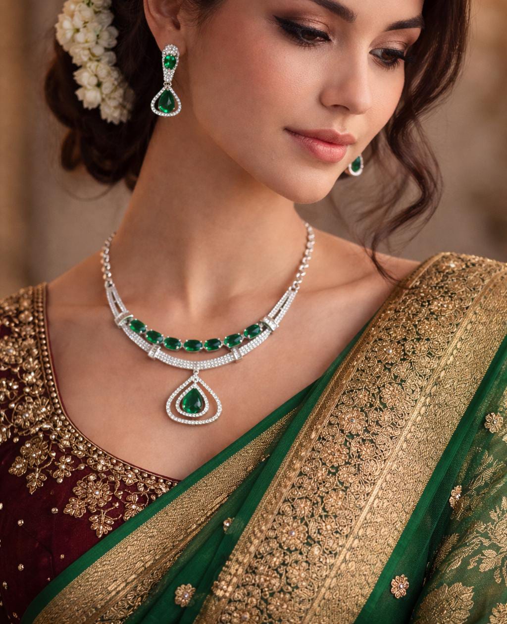 Double layered silver-toned necklace accented with a row of vibrant emerald-green stones
