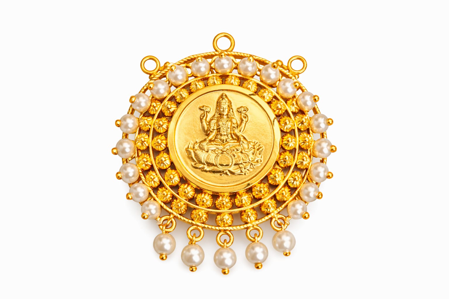 Radiant Lakshmi Temple Pendant with Floral Detailing & Pearls