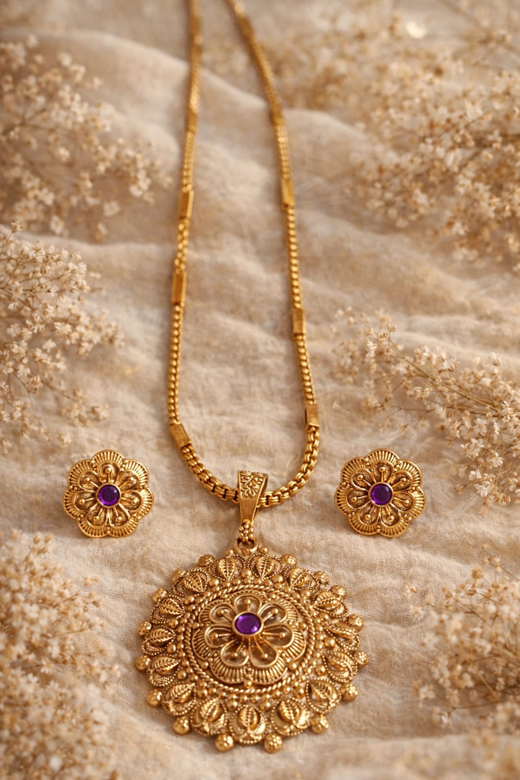 Lotus Floral Gold Pendant Necklace Set