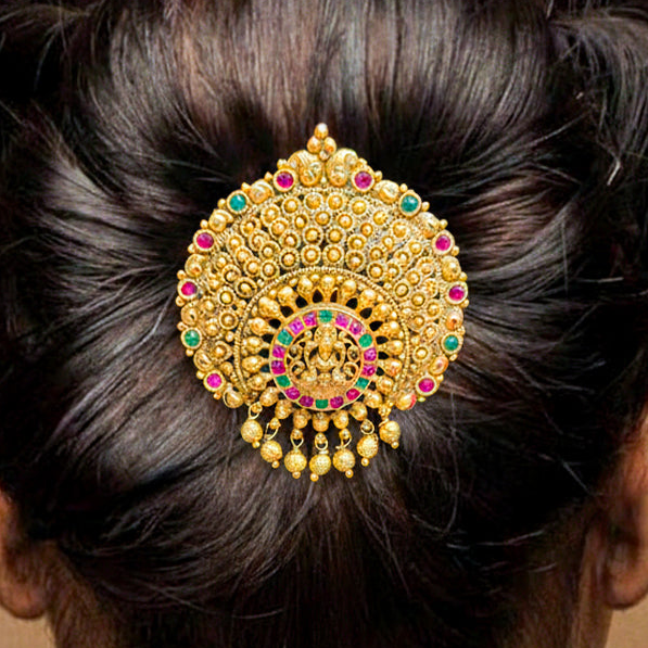 Temple Jewellery sunburst design centered around a detailed Goddess Lakshmi Hair Brooch