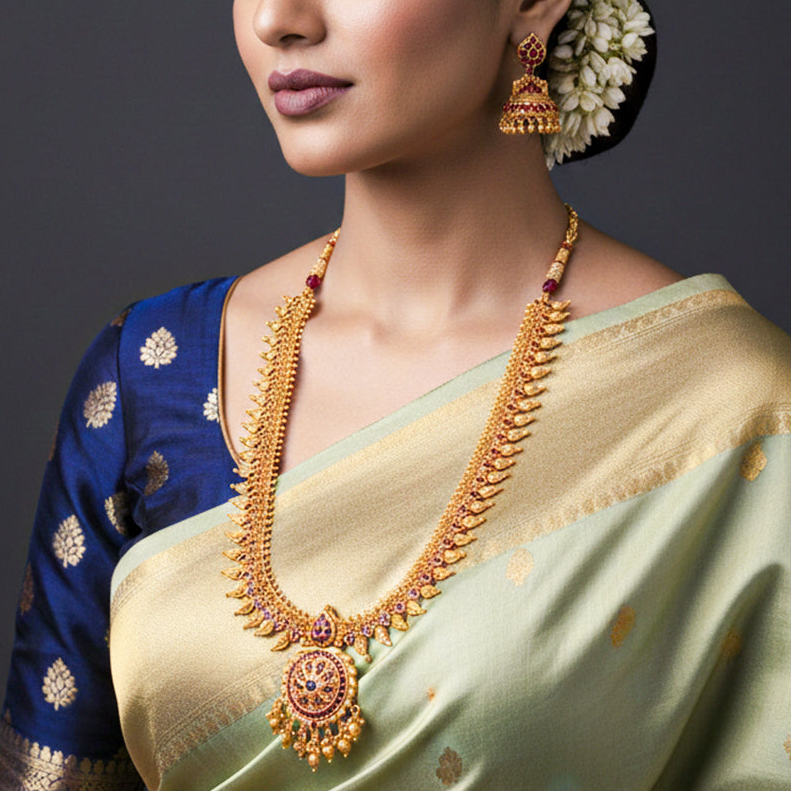 Traditional Gold-Tone Necklace Set with Jhumka Earrings – Premium Imitation Jewellery