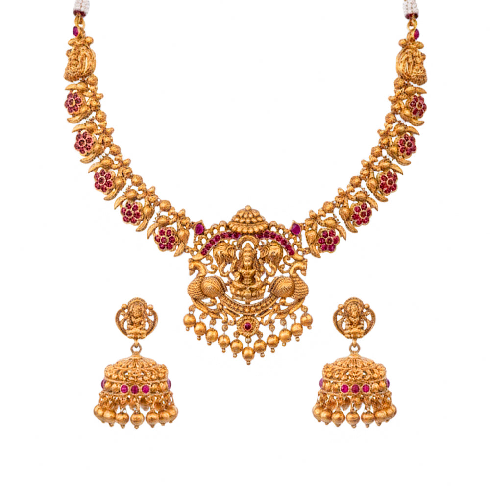 Nakshi-style necklace with a prominent central pendant depicting Goddess Lakshmi, symbolizing prosperity.