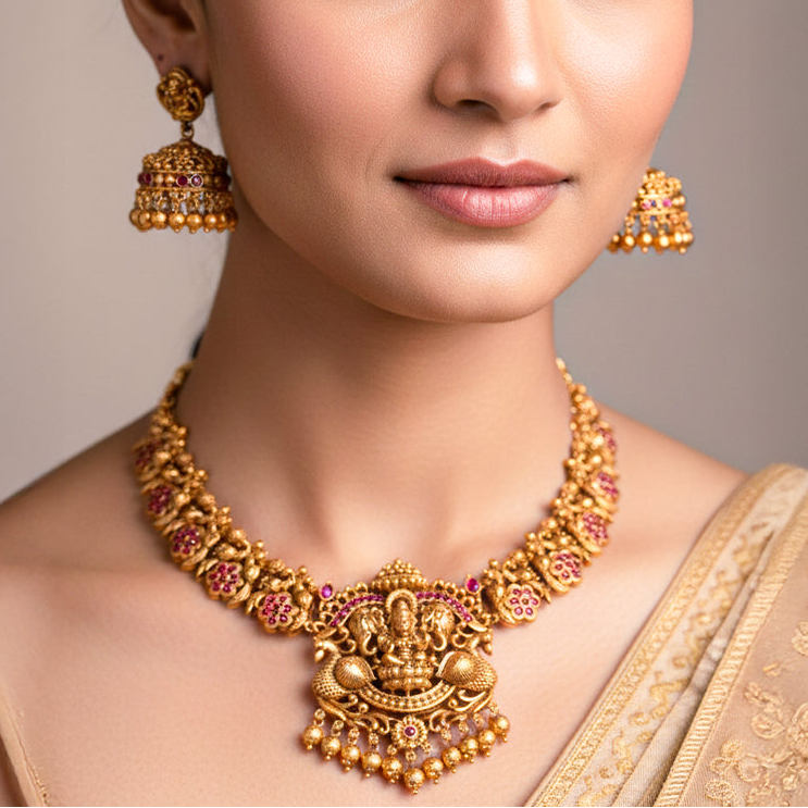 Nakshi-style necklace with a prominent central pendant depicting Goddess Lakshmi, symbolizing prosperity.